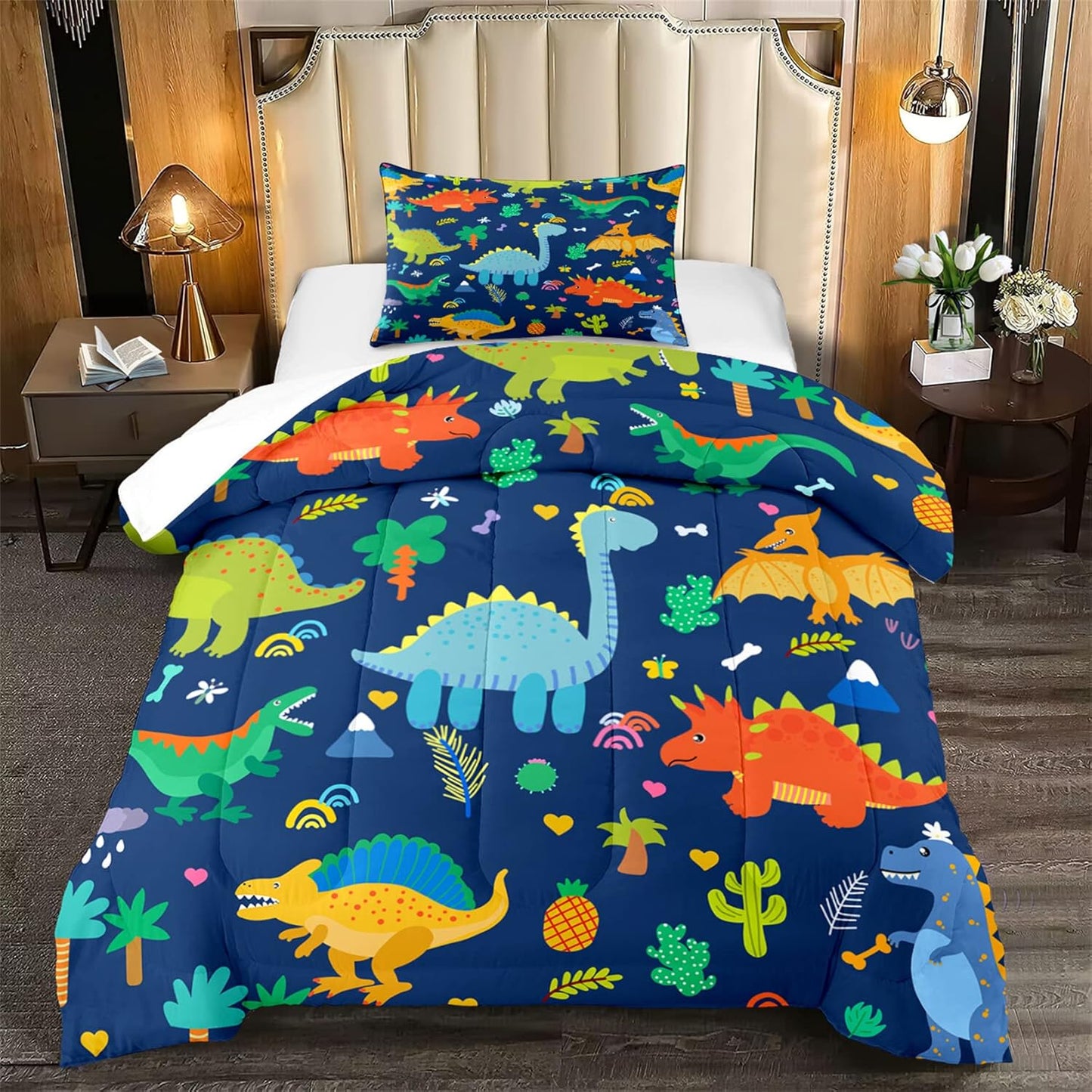 Cute Cartoon Dinosaur Bedding Set, Ultra Soft Full Size Comforter Set for Boys, Lovely Dinosaur Printed Comforter for Kids Teens, Dark Blue Microfiber Quilt for All Season 3Pcs with Pillowcases