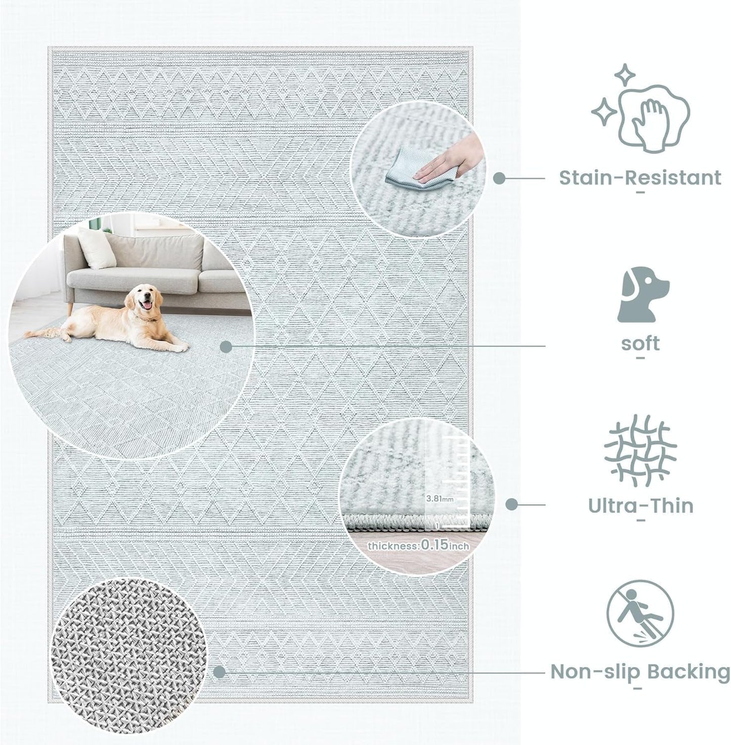 5x7 Area Rug Living Room: Washable Boho Geometric Moroccan Rug Neutral Modern Farmhouse Indoor Soft Non Slip Ultra Thin Printed Pattern Carpet for Dining Room Bedroom Nursery Home (Grey, 5'x7')