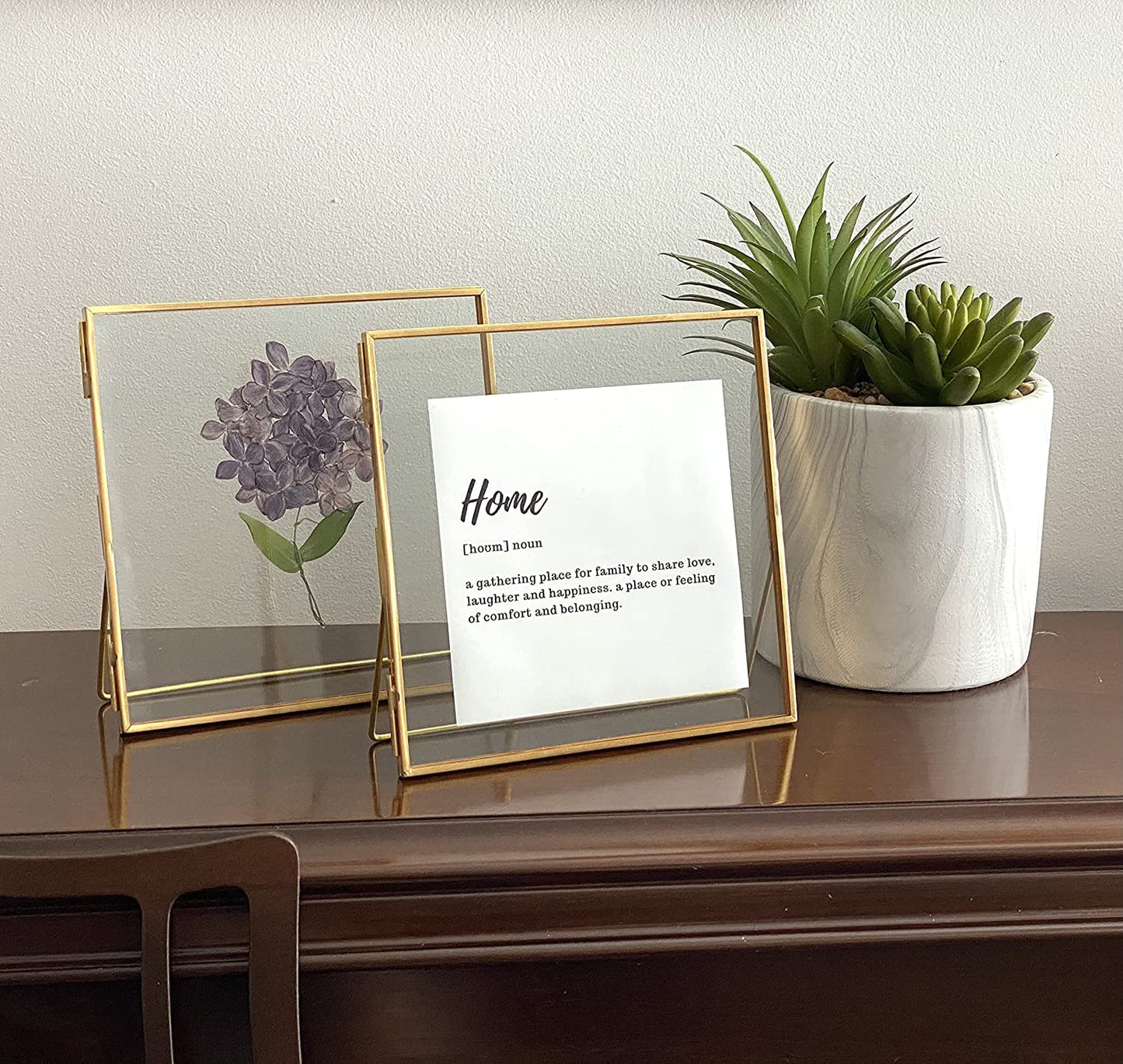 Beedecor Double Glass Frame for Pressed Flowers, Leaf and Artwork,Gold 6x6 Standing Square Metal Picture Frames, Set of 2 Pressed Flower Frames with Stand (Gold, 6x6)