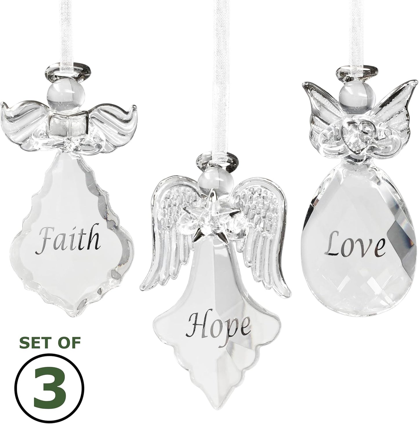 Set of 3 Crystal Faith Hope Love Angel Ornaments for Christmas Decor - 3.5" H x 2" W