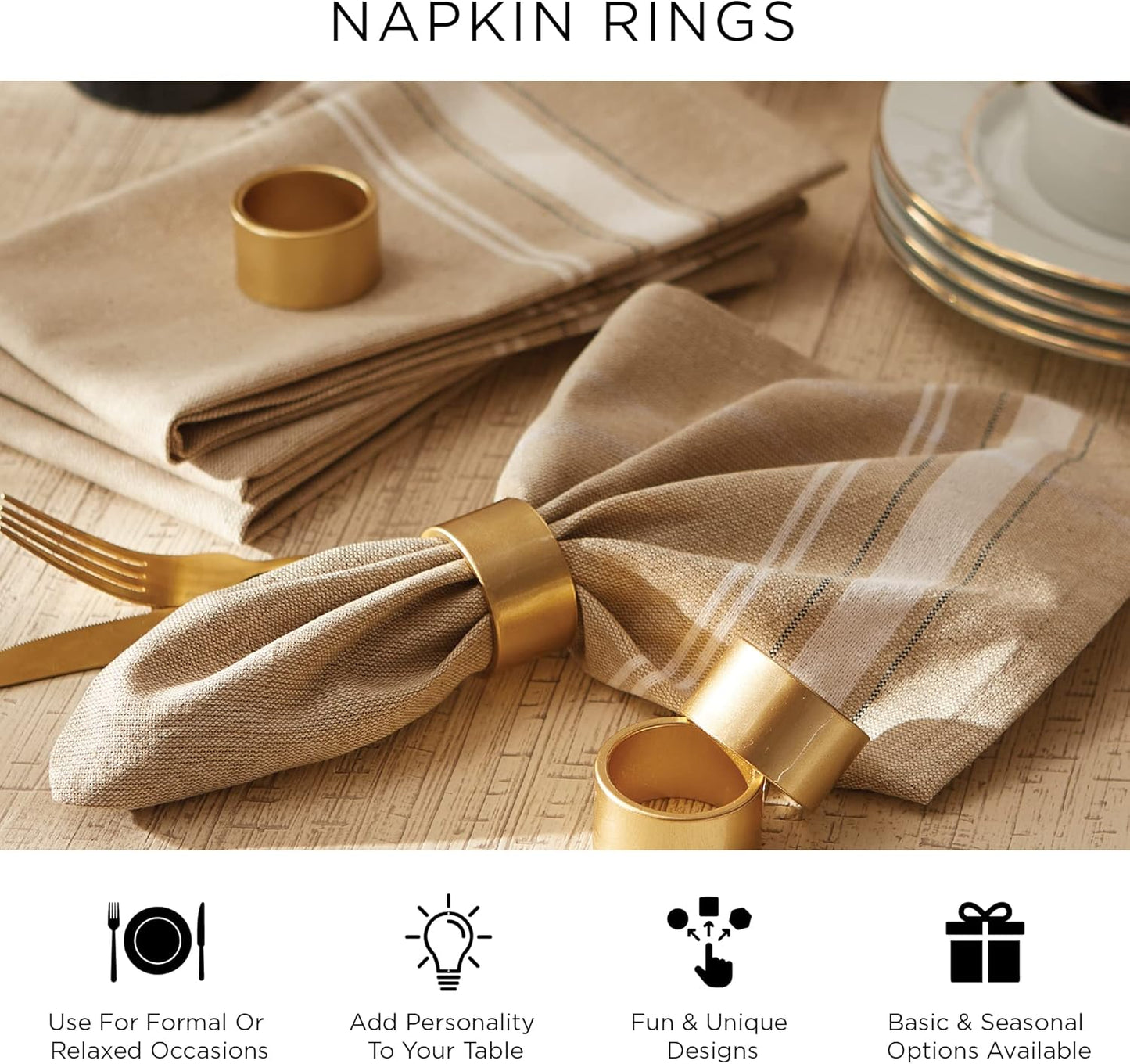Gold Maple Leaf Napkin Ring Holder Set - 6 Piece Decorative Tabletop Décor for Christmas & Thanksgiving