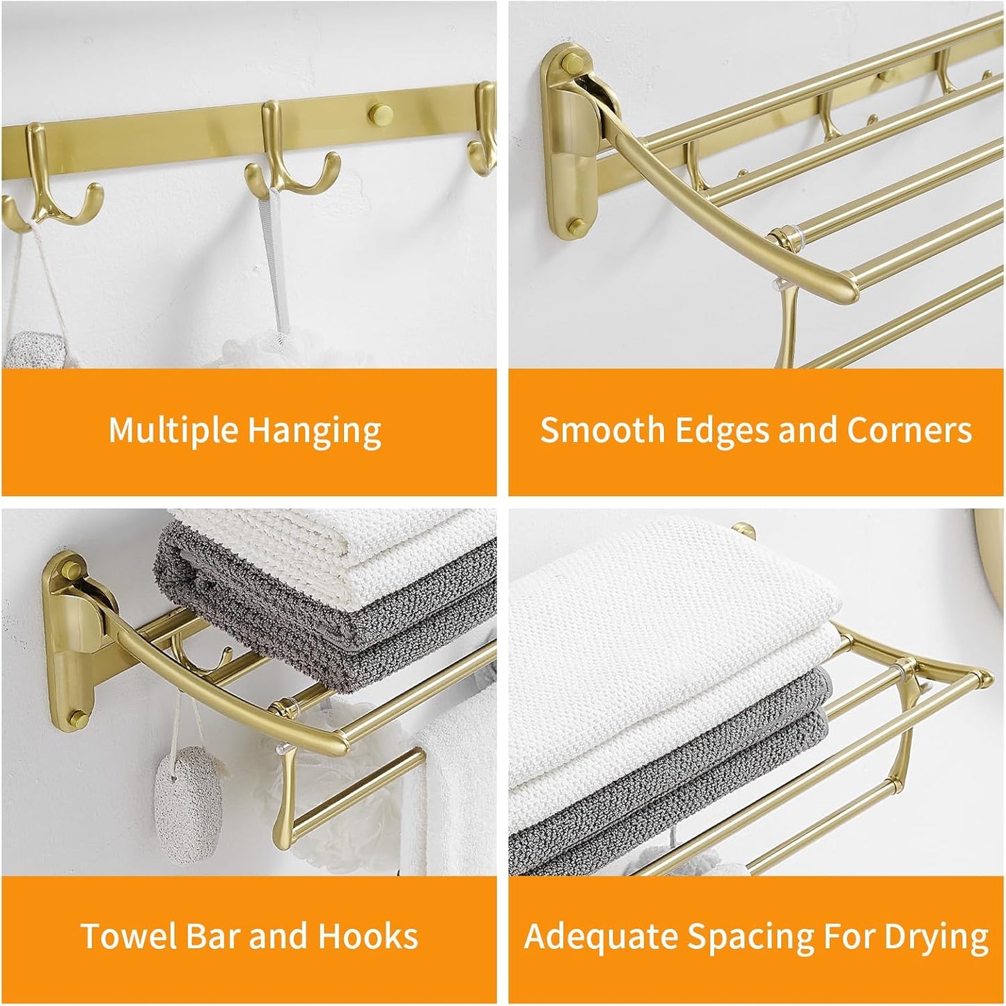 BESy 24 Inch Brushed Nickel Towel Racks, Bathroom Towel Shelf with Foldable Towel Bar Holder and Towel Hooks, Wall Mounted Multifunctional Bathroom Accessories, Double Towel Bars