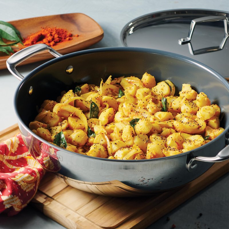 Tramontina Utsava Tri-Ply Clad Stainless Steel 4-Quart Kadai with Lid and Ceramic Non Stick Interior, Induction-Ready Large Kadhai Pot for Indian Cooking