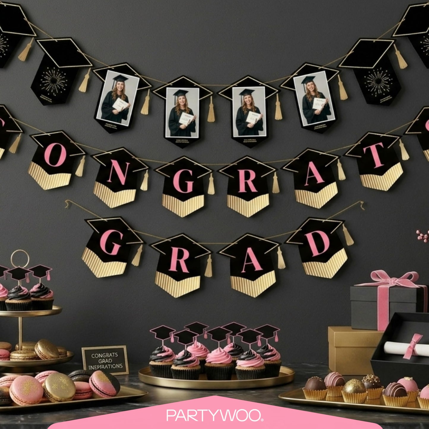 PartyWoo Class of 2026 Black Pink Gold Graduation Banner Decorations 2pcs Black Pink Gold 2026 Hanging Congrats Grad Party Banner Supplies for Middle High School College Graduation Party Decorations