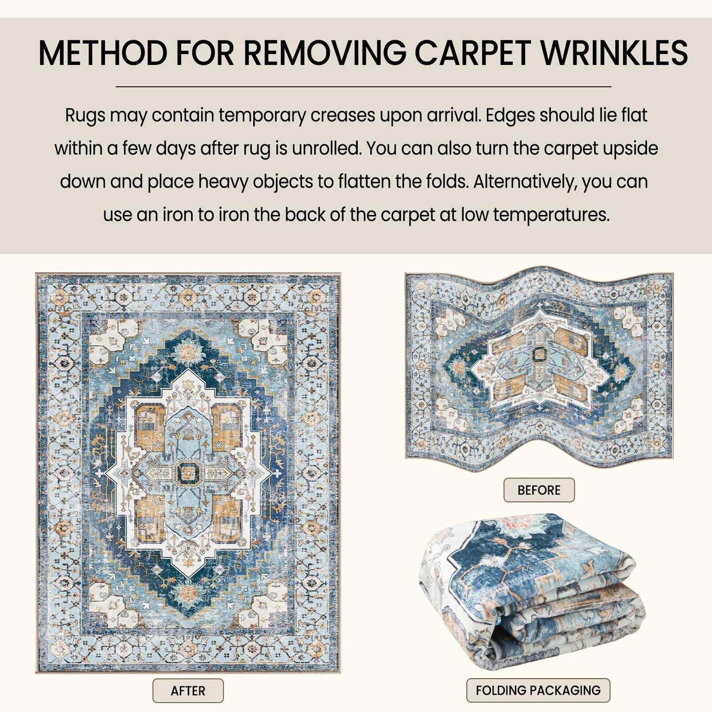 Washable 6x9 Area Rugs, Rugs for Living Room, Low-Pile Water&Stain Resistant Carpet Vintage Distressed Printed Non-Slip Carpet for Bedroom Bathroom Kitchen-Sky Blue