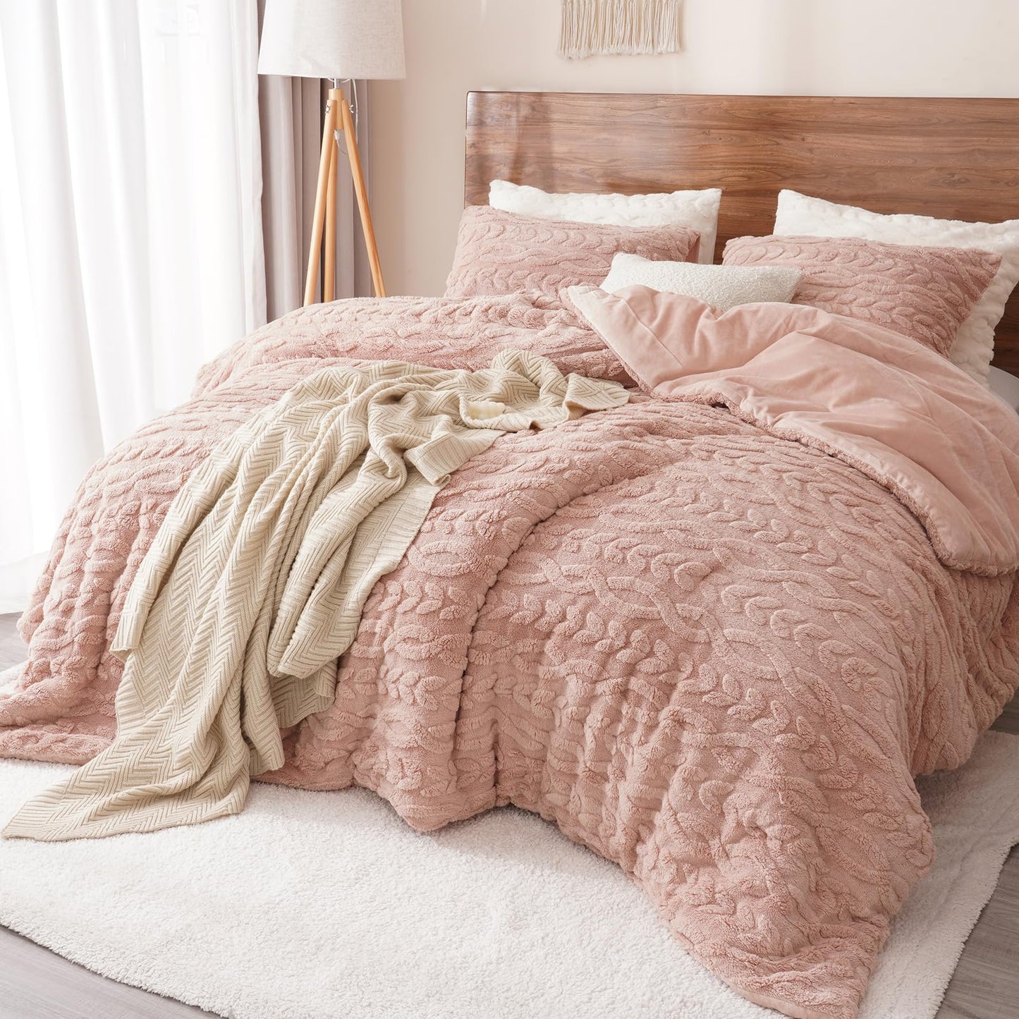 PHF Fluffy Sherpa Fleece Twin Comforter Set, 2 Pieces Warm Fuzzy Soft Bedding for Winter, 3D Tufted Flannel Plush Shaggy Bed Set, 1 Comforter (68"x90") and 1 Pillowcase (20"x26"), Pink