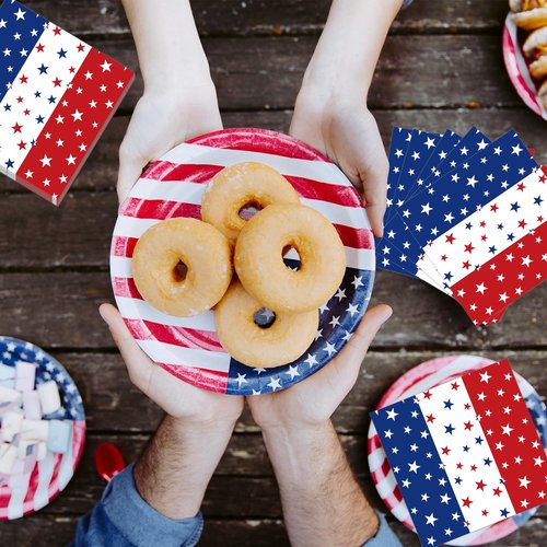 50 Count Red White Blue Star Paper Napkins, Patriotic Disposable Cocktail Napkins for 4th of July, Memorial Day, Veterans Day, Labor Day, and American Flag Party Decorations
