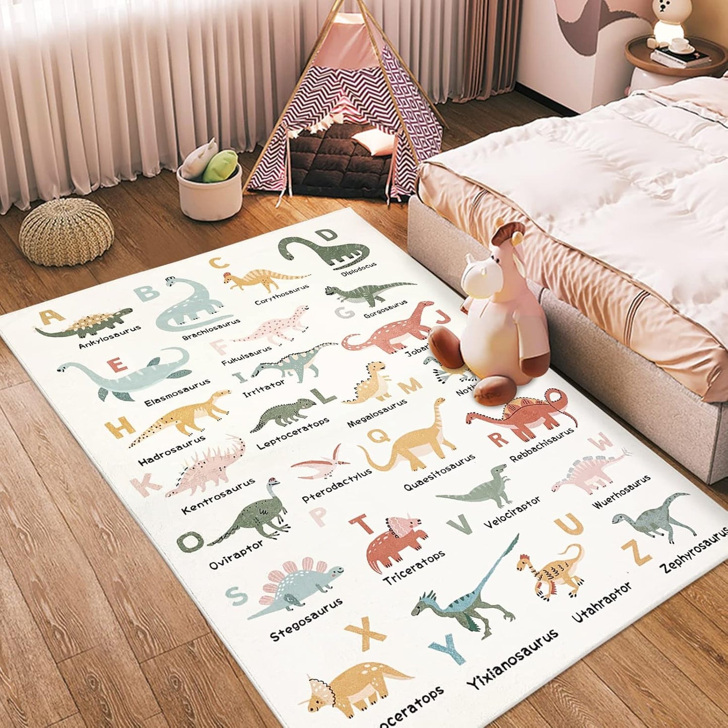 Abeigoi 39.4"x59" Modern Dinosaur ABC Alphabet Kids Play Area Rug, White