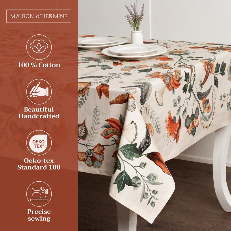 Maison d' Hermine Table Cloth Rectangle Table 100% Cotton 60 x 108 Inches Fall Tablecloth Reusable Everyday Use for Thanksgiving Christmas Decorations Dining Farmhouse Party (Dalida)