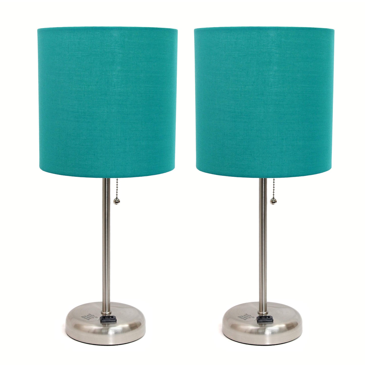 Simple Designs LC2001-TEL-2PK Brushed Steel Stick Table Lamp Set with Charging Outlet and Teal Fabric Shades, 2 Pack Set