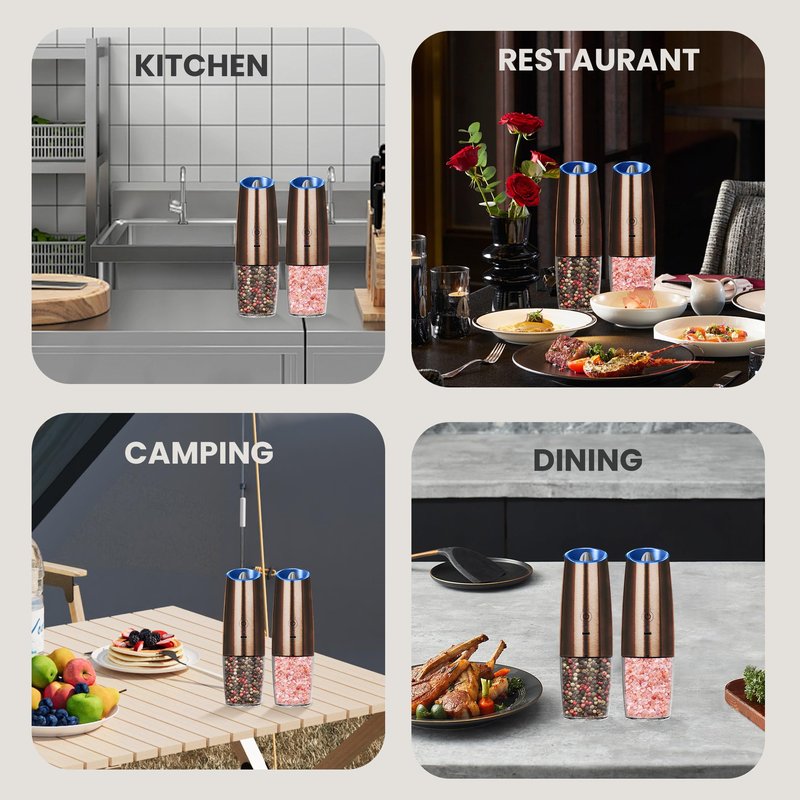 BELRIGO Rechargeable Salt And Pepper Grinder Set with LED Light, Automatic Electric Gravity Salt And Pepper Shakers Set, No Battery Needed, Adjustable Roughness, 2 Pack (Copper)