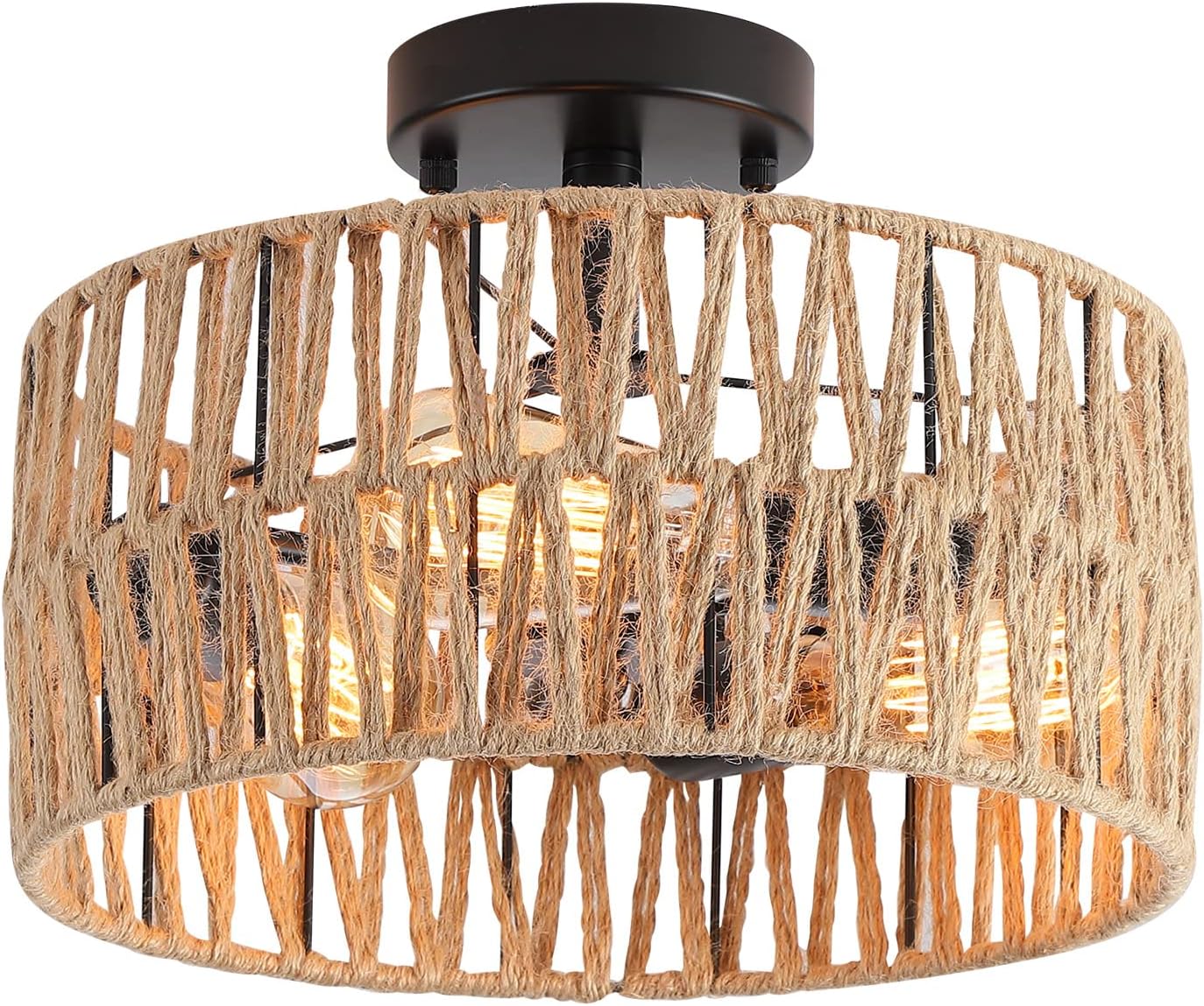 3-Light Antique Gold Woven Flush Mount Light Fixture Rustic Coastal Hemp Rope Brass Semi Flush Mount Ceiling Light for Hallway Bedroom Kitchen Entryway Farmhouse Living Room