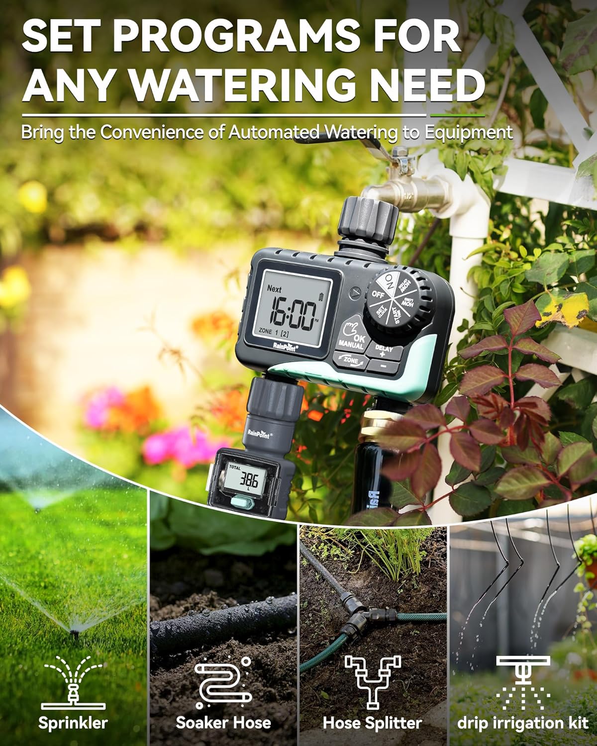 RAINPOINT Water Timer for Garden Hose - 2-Zone Sprinkler System with Rain Delay & Automatic Irrigation