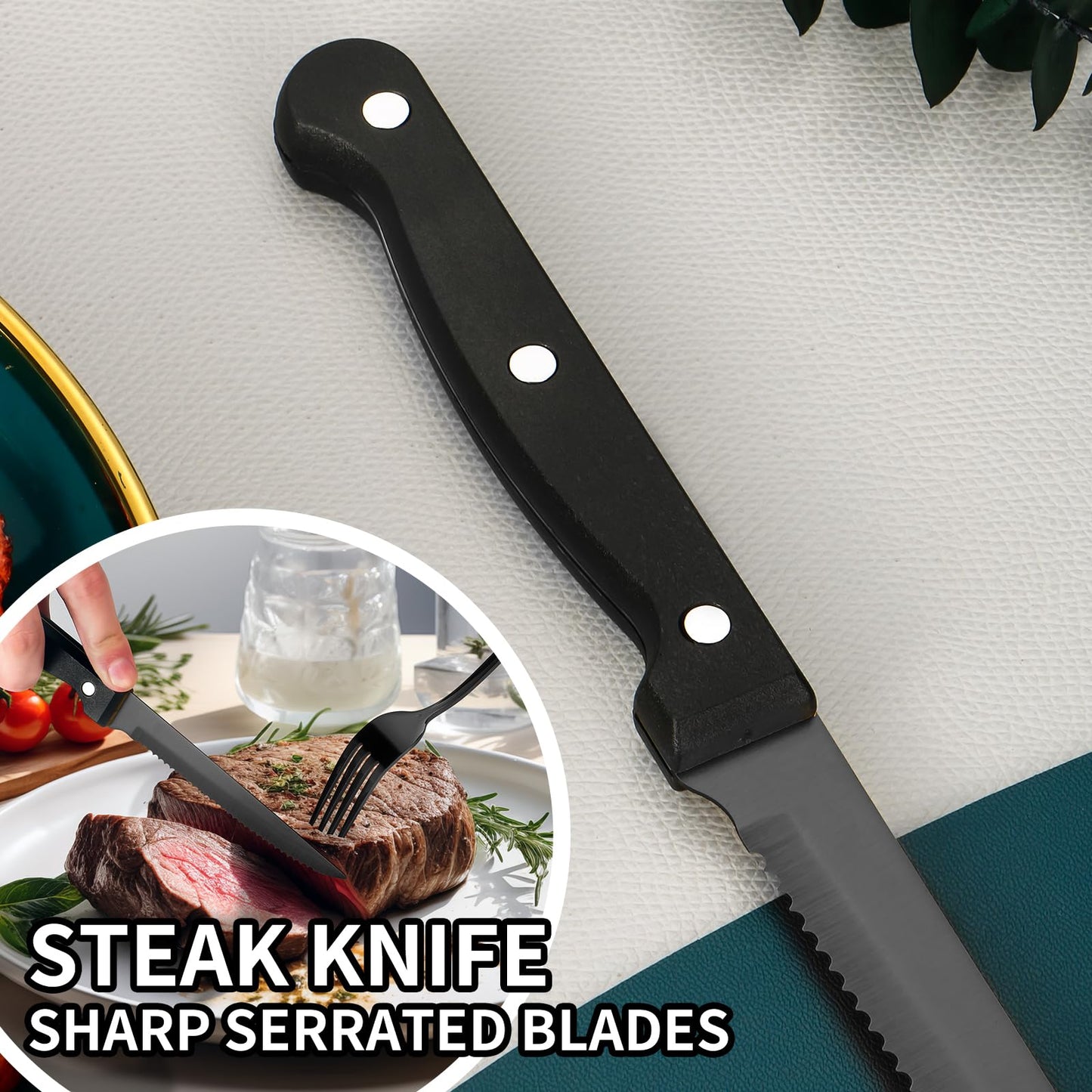 60-Piece Black Silverware Set with Steak Knives Black Stainless Steel Flatware Set for 10 Food Grade Tableware Cutlery Set Rust-proof, Mirror Polished, Dishwasher Safe