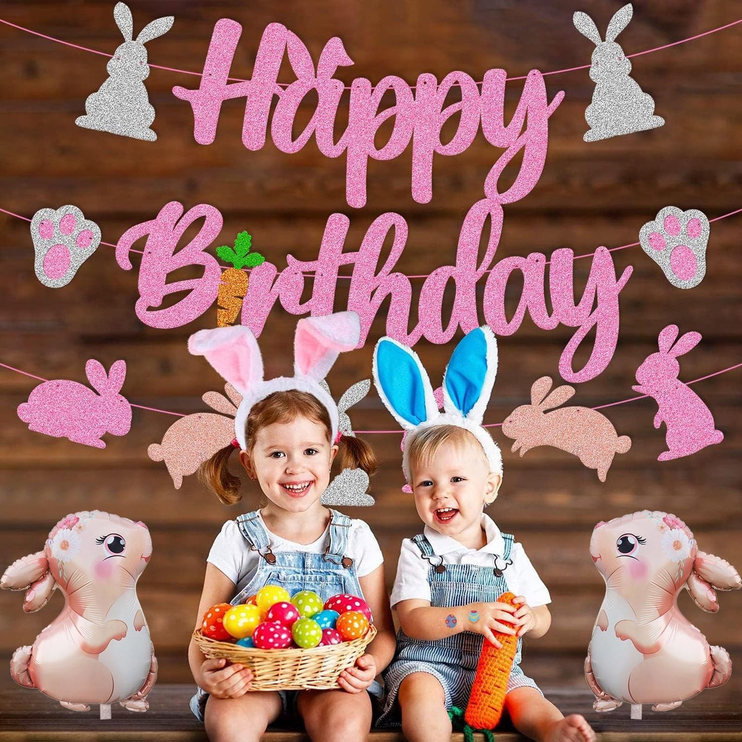 4PCS Pink Large Bunny Foil Balloon Rabbit Balloons Bunny Party Decorations Animal Mylar Balloons for Birthday Spring Woodland Themed Supplies