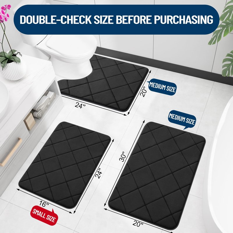OLANLY Memory Foam Bath Mat 30x20, Ultra Soft and Absorbent Bathroom Rugs, Machine Washable, Comfortable Bath Carpet for Bathroom Floor, Tub and Shower, Black