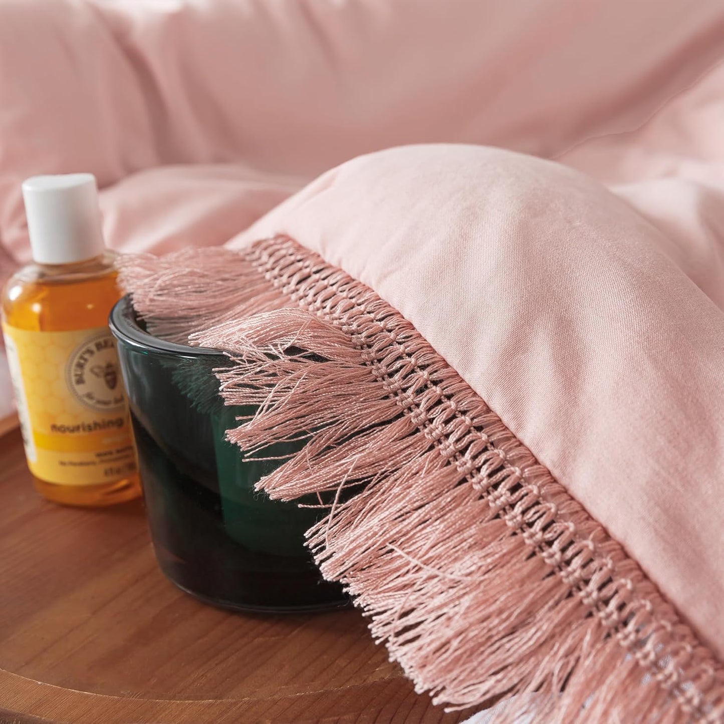 Andency Pink Comforter Set King Size for Girls, Blush Boho Women Tassel Lightweight Bedding Comforter Sets, 3 Pieces All Season Soft Fluffy Fringe Bed Set (104x90In Comforter & 2 Pillowcases)