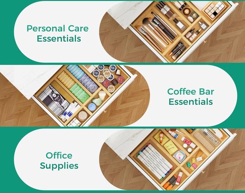 Bamboo Kitchen Drawer Organizer - Stackable Utensil Tray Set of 2 | 17" x 6" for Cutlery & Flatware Storage