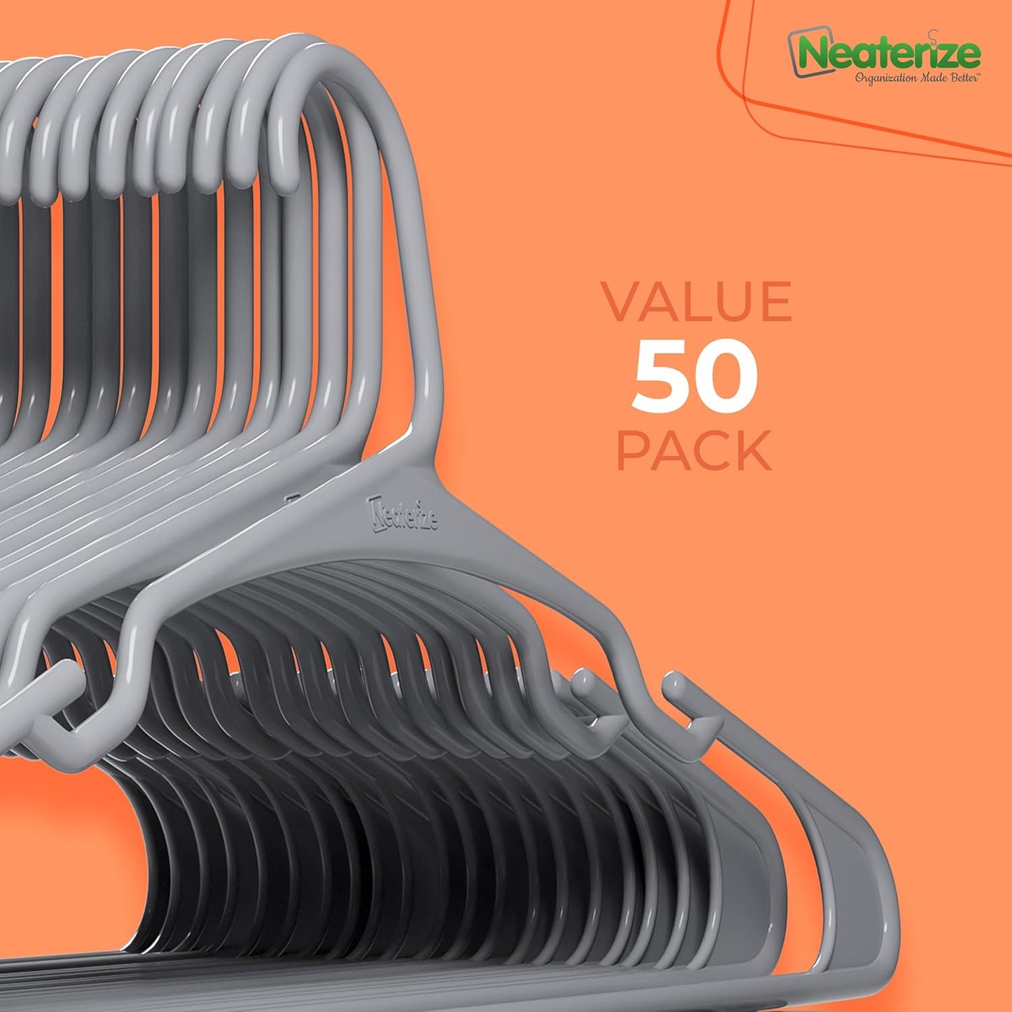 Neaterize Clothes Hangers - Space-Saving Plastic Hangers for Adults | 50-Pack in Grey