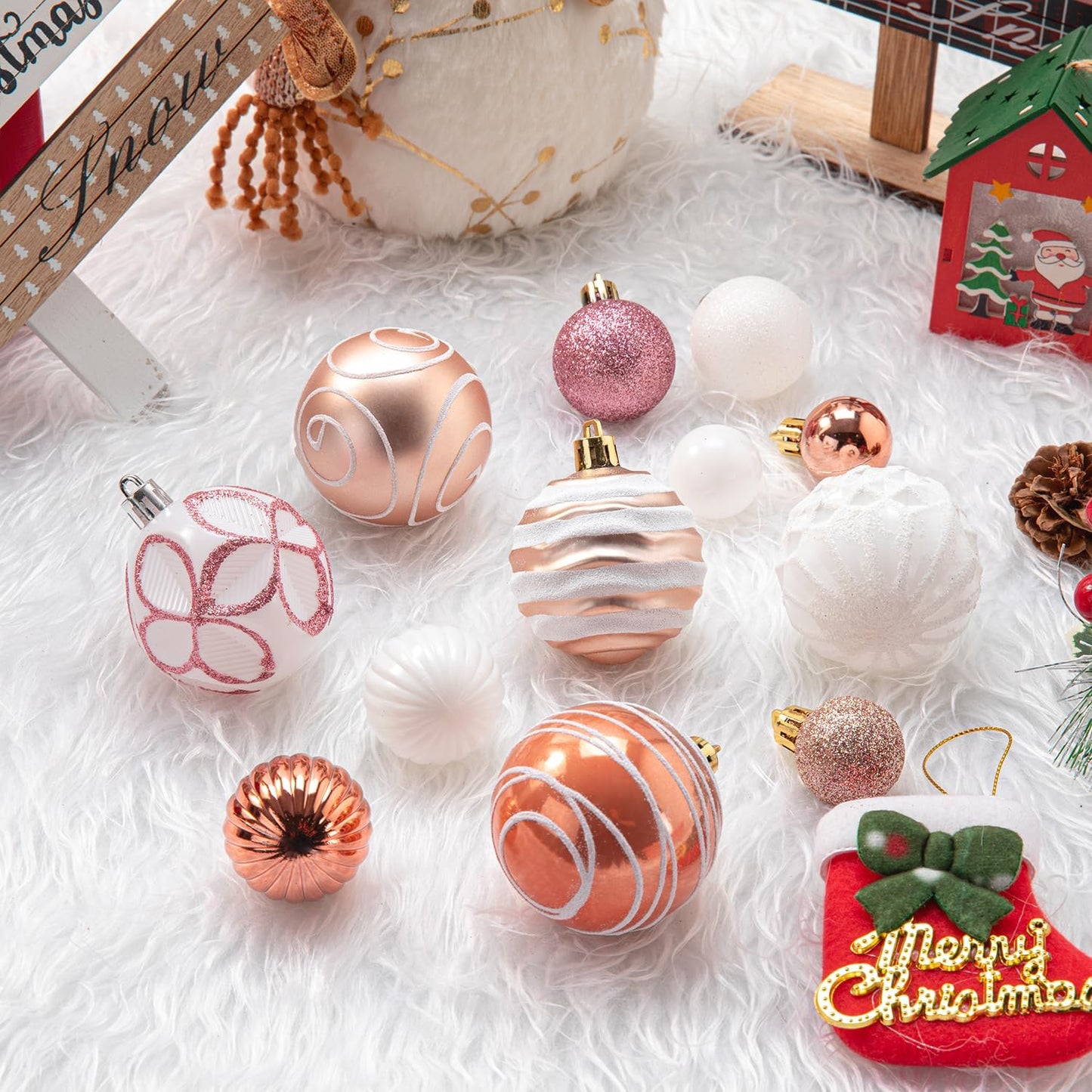100 Pcs Christmas Ball Ornaments Set, Rose Gold and White Xmas Tree Decoration, Pink White Shatterproof Decorative Hanging Balls with Loop for Christmas Party Holiday Wreath Garland Home Décor