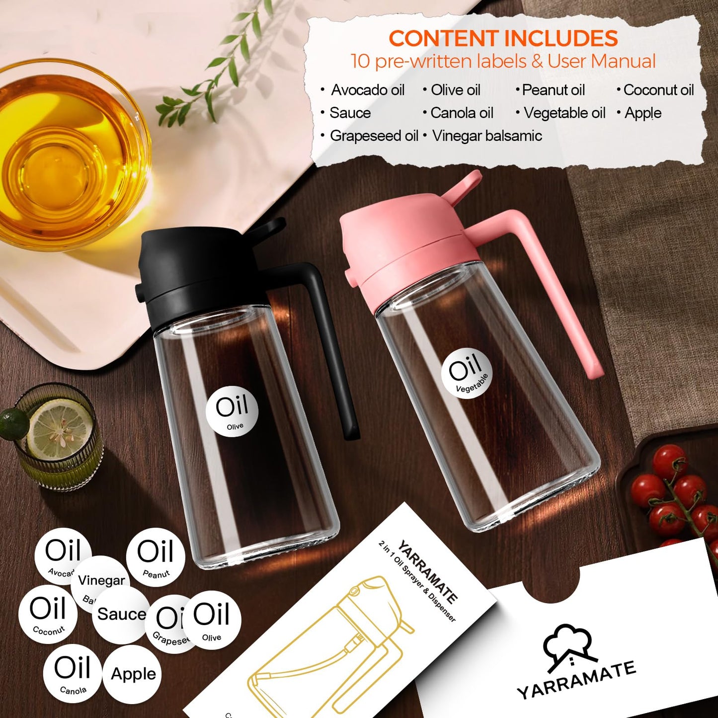 YARRAMATE 2Pcs 16oz/470ml Glass Olive Oil Sprayer for Cooking with Stickers, 2 in 1 Oil Dispenser for Kitchen Gadgets, Food Grade Premium Spray Bottle with Portion Control for Salad, BBQ (Pink&Black)