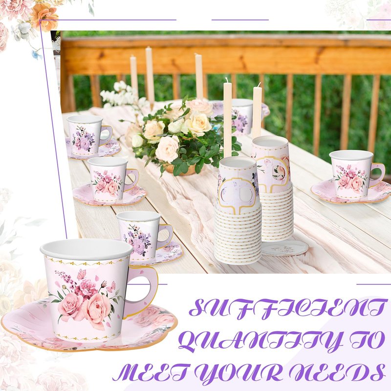 Umigy 60 Set 6.5 oz Floral Paper Tea Cups with Handle and Plates Tea Party Decorations with Tape Disposable Blossom Teacups and Saucers Sets for Hot Cold Birthday Drink(Elegant)