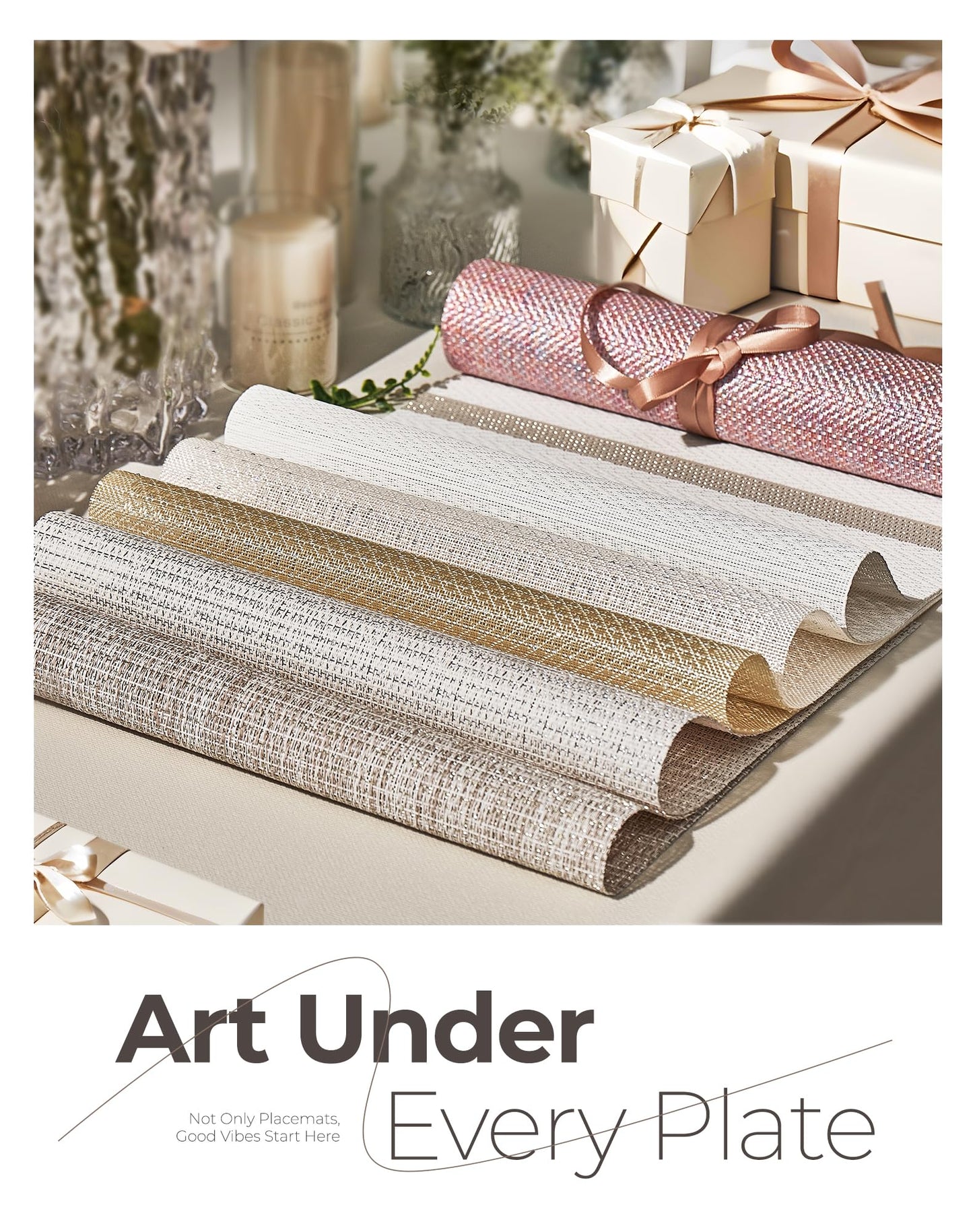Leetaltree Sparkling White Vinyl Woven Placemats Set of 4 - Washable Dining Table Placemats Striped, Suitable for Wedding, Anniversary, Daily Use - Sparkling Table Decor