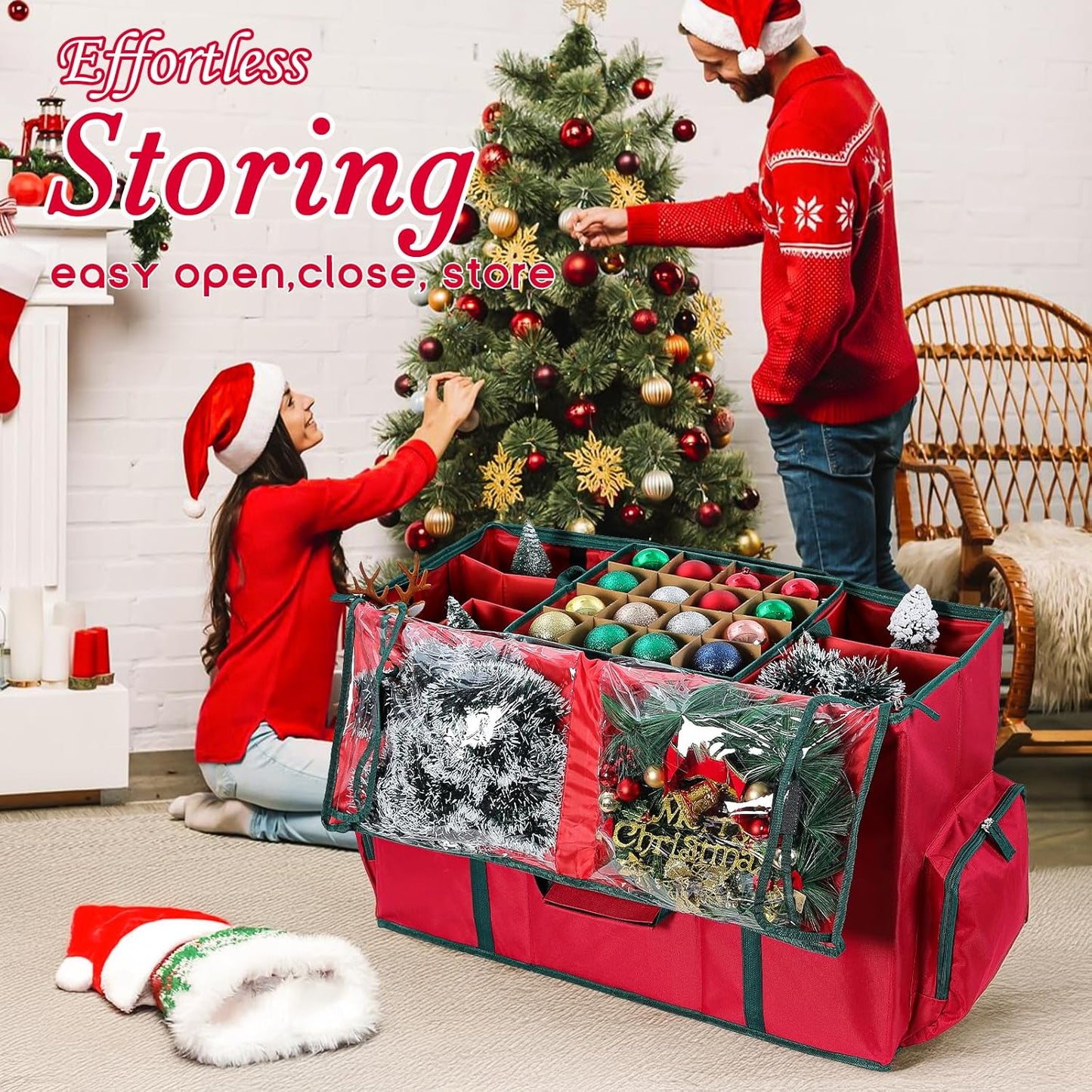 Skiennix 2-In-1 Christmas Ornament Organizer Box - Holds 73 Holiday Ornaments, Adjustable Space & Pockets for Figurines