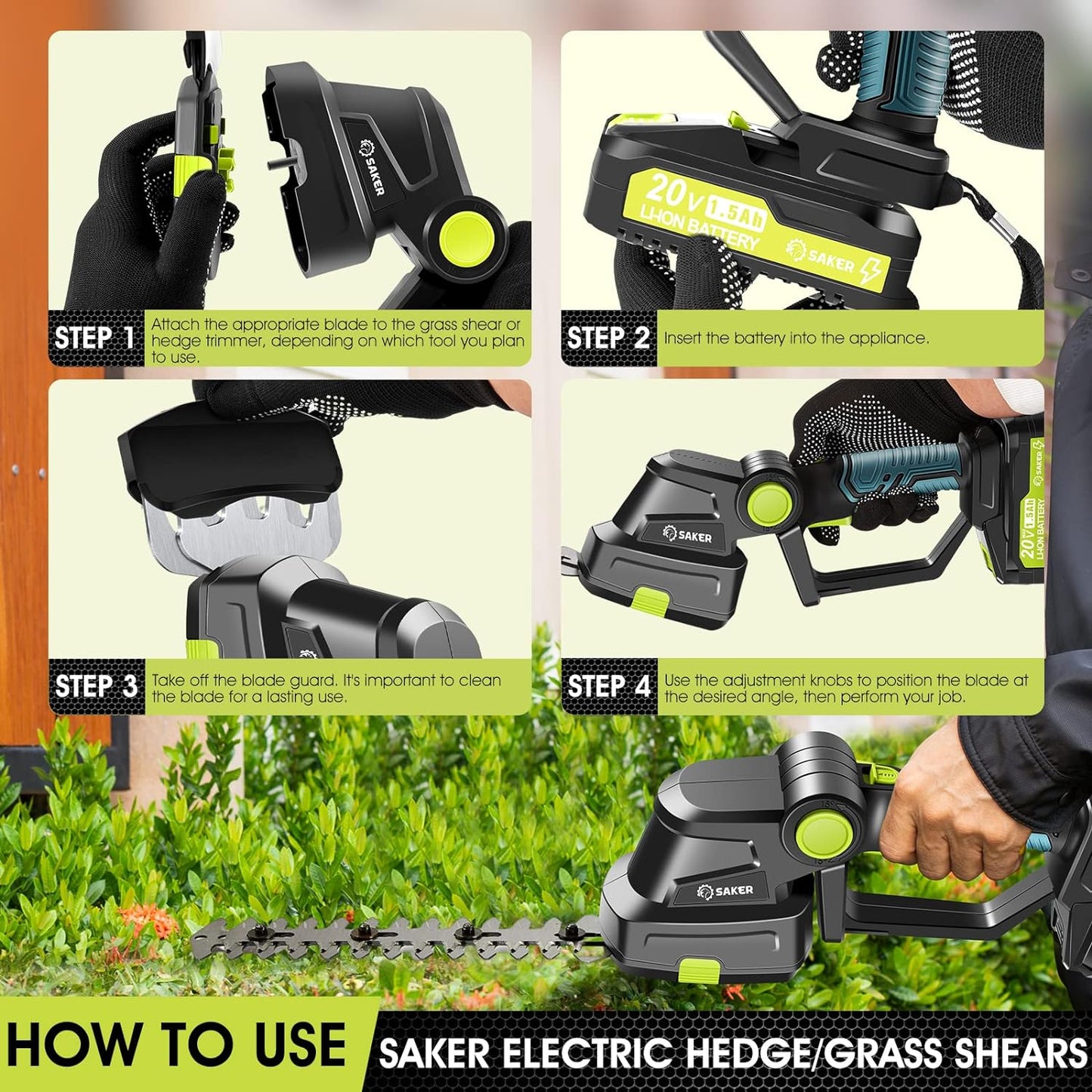 Saker Cordless Hedge Trimmer - 20V Electric Shrub Shears with 2 Rechargeable Batteries & Charger | Ideal for Garden & Lawn