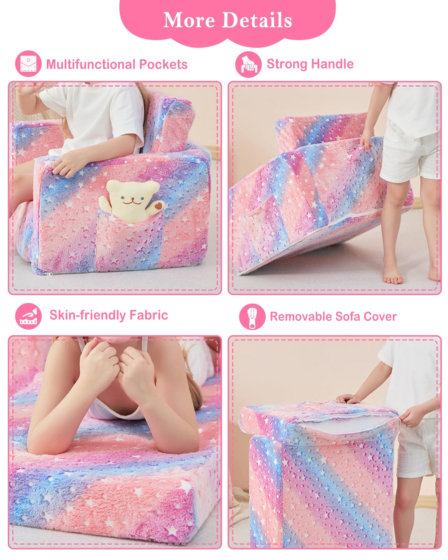 lasoftan Toddler Couch, 2-in-1 Soft Kids Couch Bed Fold Out, Toddler Chairs Comfy for Boys & Girls, Convertible Kids Sofa to Lounge for Playroom, Gift for Birthday, Children's Day- Glow Star
