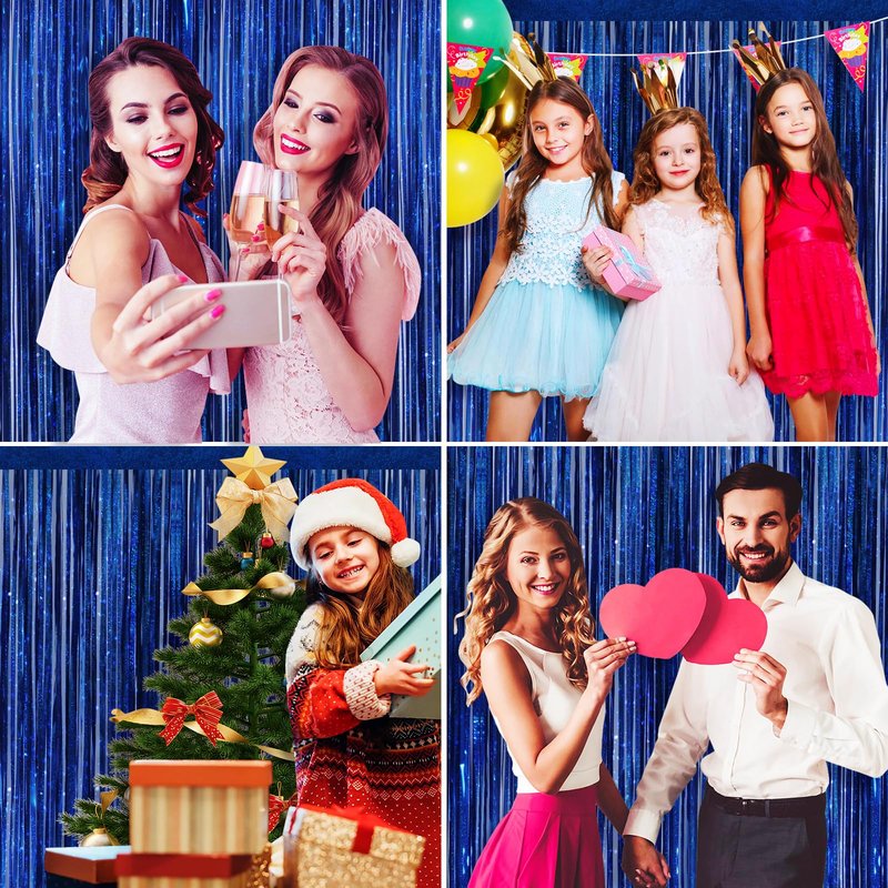 Picoway 4 Pack Foil Fringe Tinsel Backdrop Curtains, Birthday Engagement Bachelorette Party Decorations, Photo Booth Props Door Streamers Curtain (Blue)