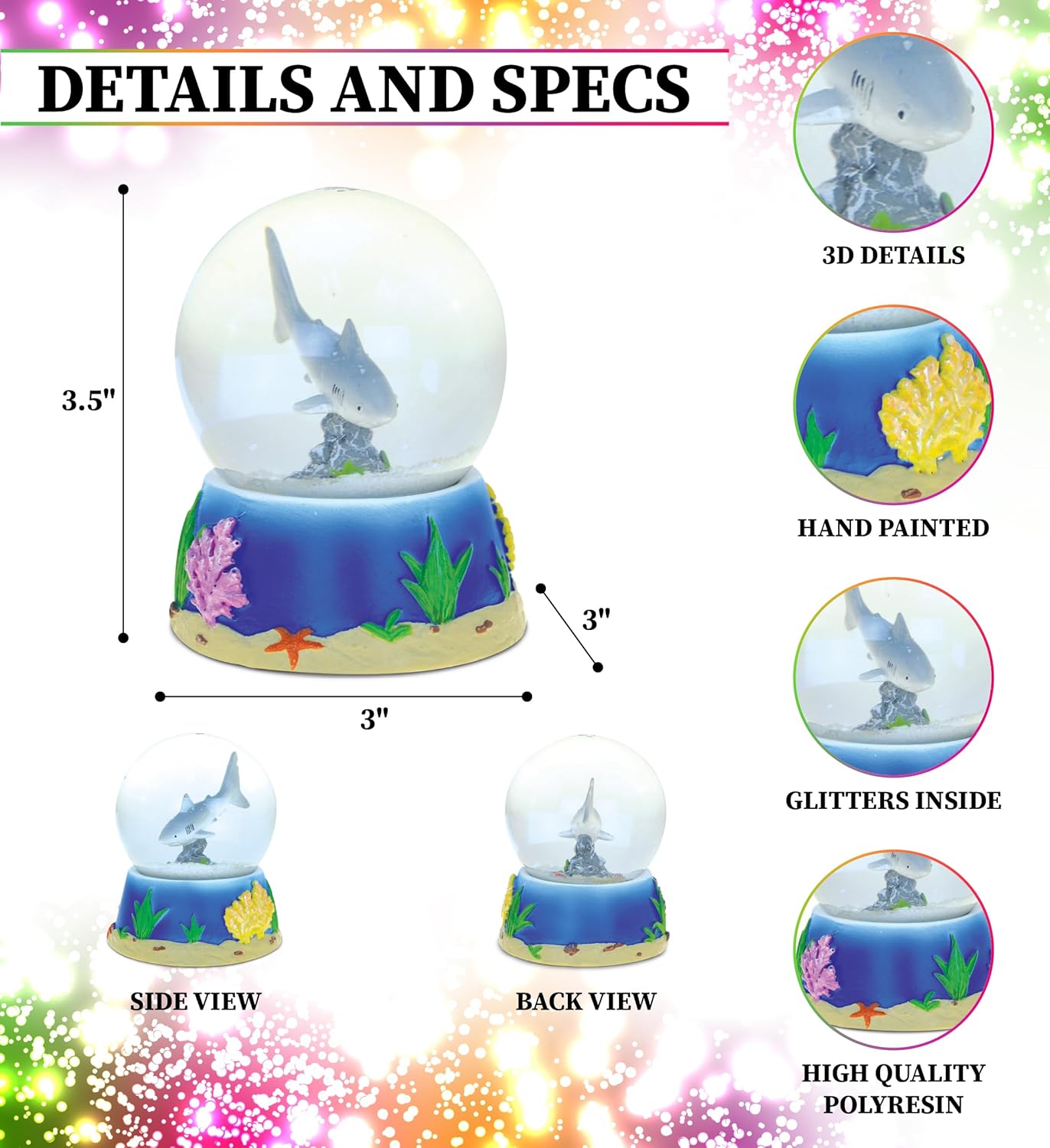 Great White Shark Snow Globe - Sparkling Glitter Water Globe Collectible Decor