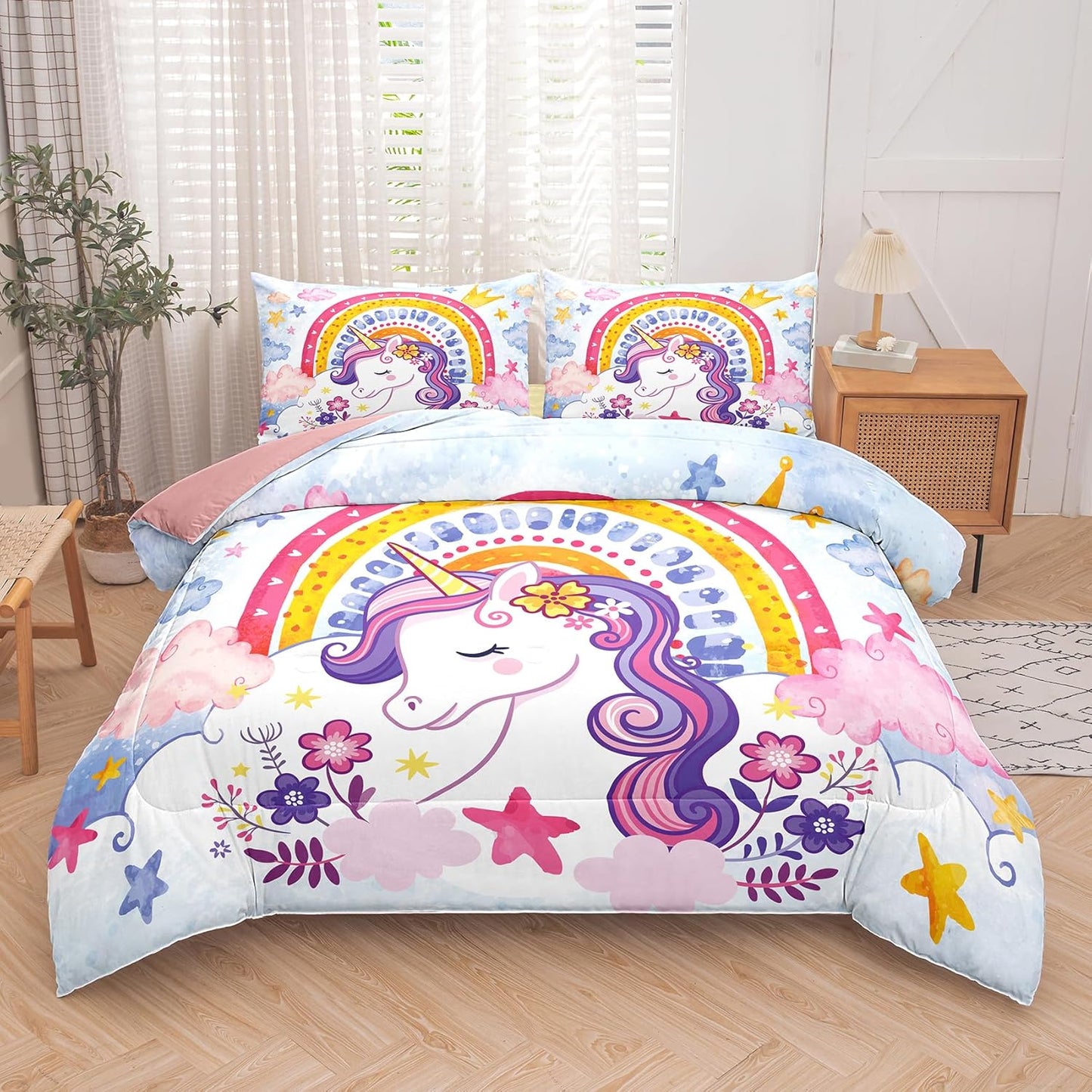 Peopleareok Unicorn Full Comforter Set for Girls Kids, Cute Pink Purple Unicorn Print Bedding Set Full, 5-Piece Bed in a Bag, Kids Cartoon Kawaii Comforter with Sheet Set