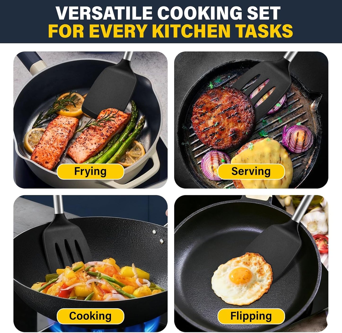 Skiennix Silicone Spatula Set - 2 Pack High Heat Resistant Utensils for Non-Stick Pans | BPA-Free Black
