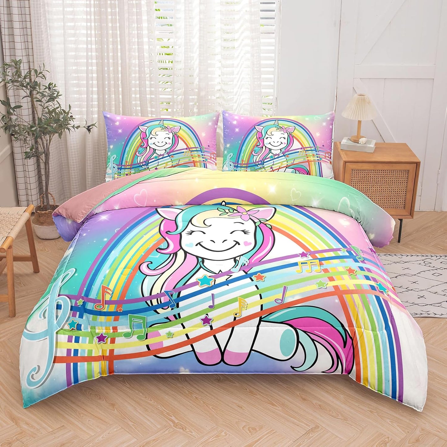 Peopleareok Unicorn Full Comforter Set for Girls Kids, Cute Pink Purple Unicorn Print Bedding Set Full, 5-Piece Bed in a Bag, Kids Cartoon Kawaii Comforter with Sheet Set
