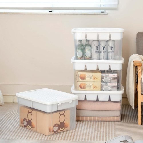 Citylife 32 QT Stackable Storage Bins - Tool Box Organizer with Lid & Removable Tray for Beads, Sewing