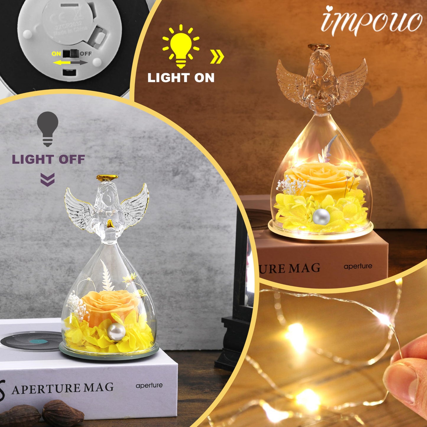 Impouo Angel Gifts for Women, Preserved Rose Flower in Glass Angel Figurines with LED Light, Mother's Day and Christmas Thanksgiving, Valentine's Day, Birthday Gifts for Grandma, Mom, Wife