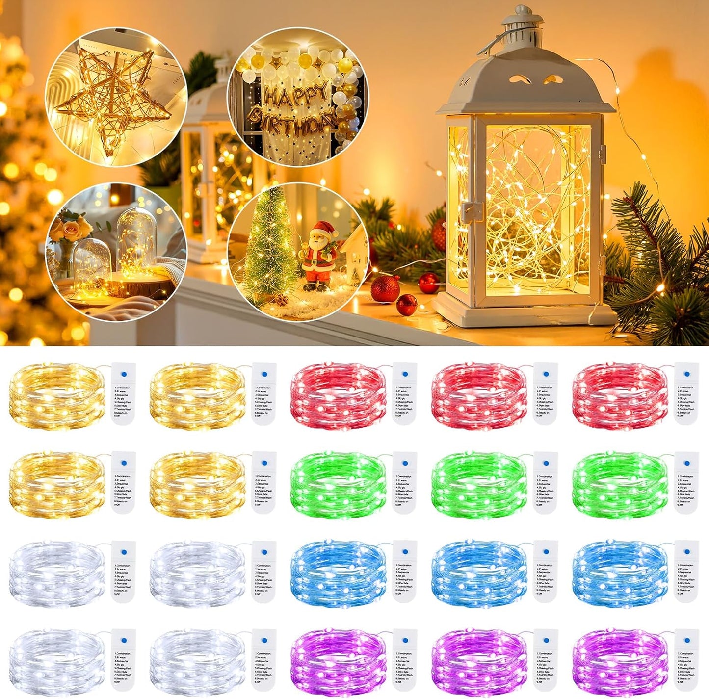 Minetom 12 Pack Fairy Lights - Battery Operated String Lights with 8 Modes | 7ft, 20LED, Waterproof Silver Wire for DIY Decor