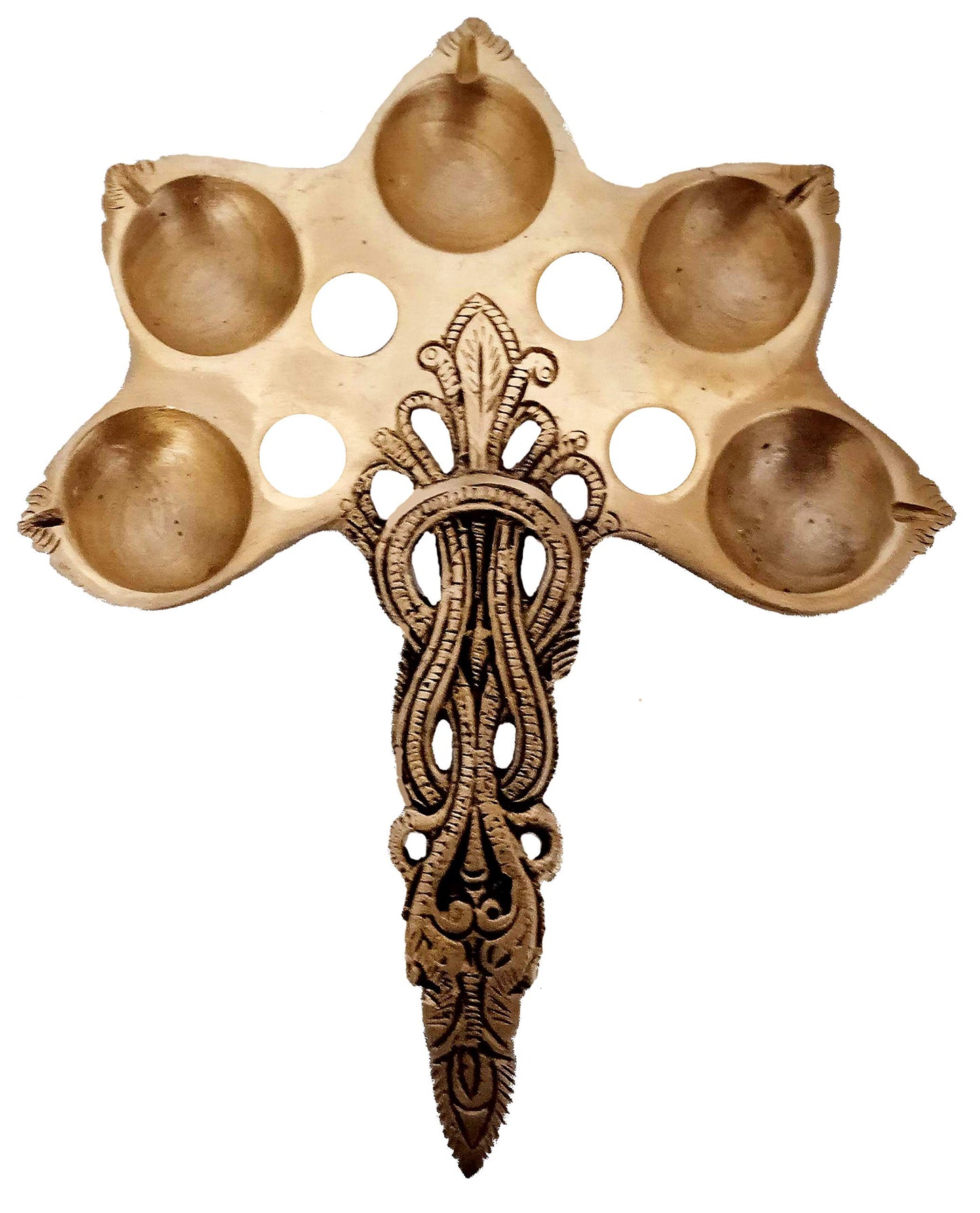 Purpledip Brass 5 Batti Aarti Deepam: Antique Handheld Oil Lamp Diya for Home Temple (12260)