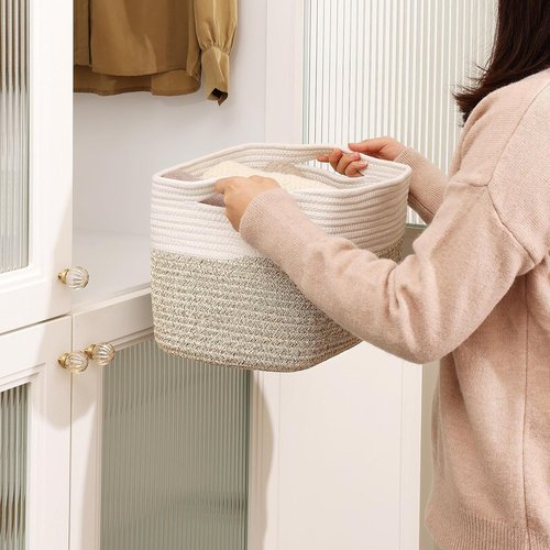 Homsorout Cotton Rope Baskets for Organizing | 12” Decorative Woven Storage Bins - 4 Pack in White/Brown