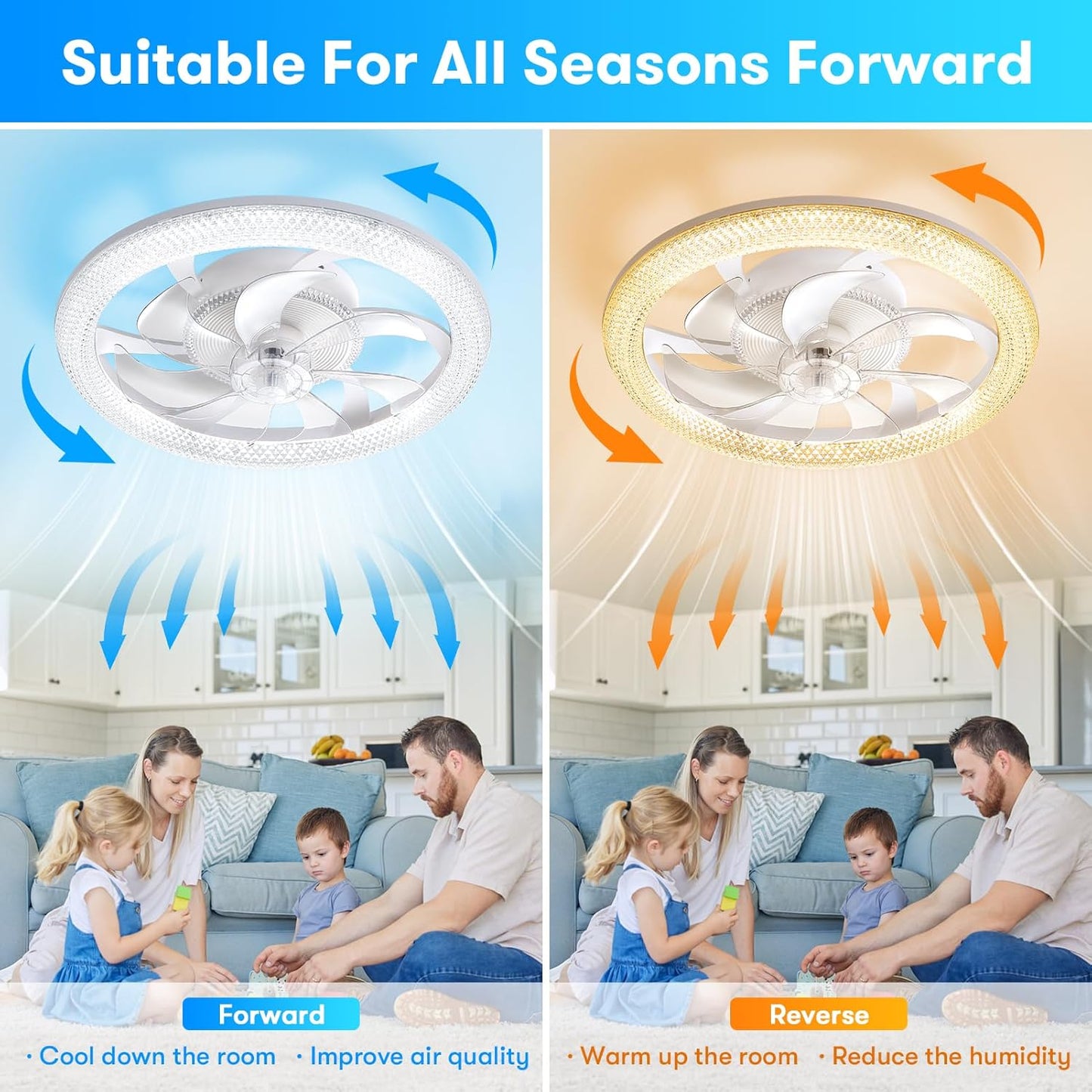 Led Smart Ceiling Fans with Light 19 Inch, Modern Ceiling Fan Lights with Remote Control, Reversible Fan/3 Color Temperature/6 Speed, Dimmable LED Fan Light with Timer for Living Room Bedroom
