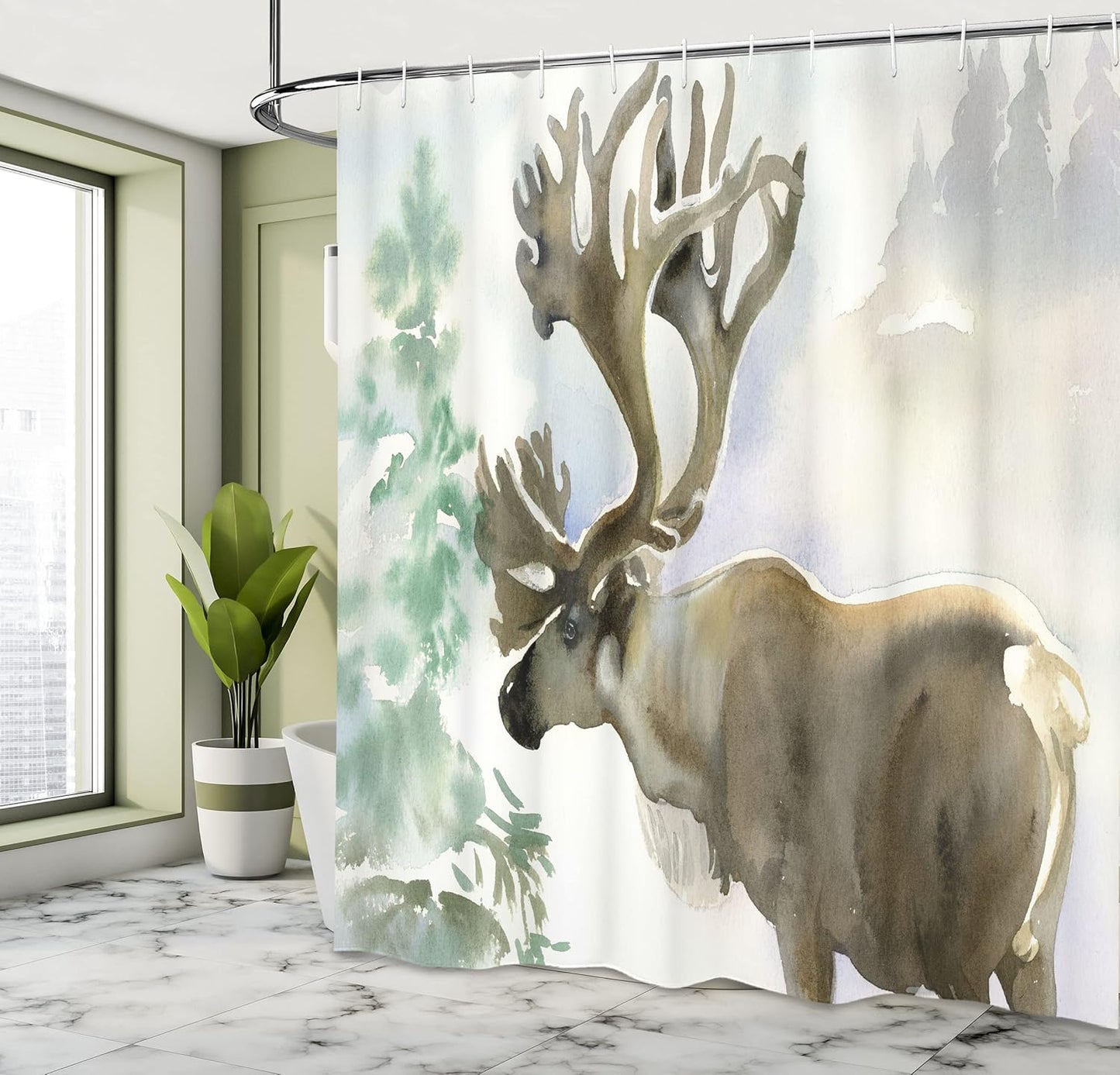 Moose Antlers Shower Curtain - Winter Forest Wildlife Decor, 69" x 70", Christmas Theme