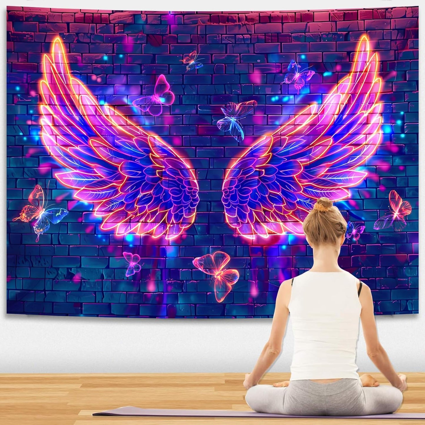 Manicer Blacklight Angel Wings Tapestry, UV Reactive Neon Wings Wall Hanging Tapestries, Fluorecent Butterfly Aesthetic Wall Art Decor for Bedroom, Living Room - 70.9" x 90.6"