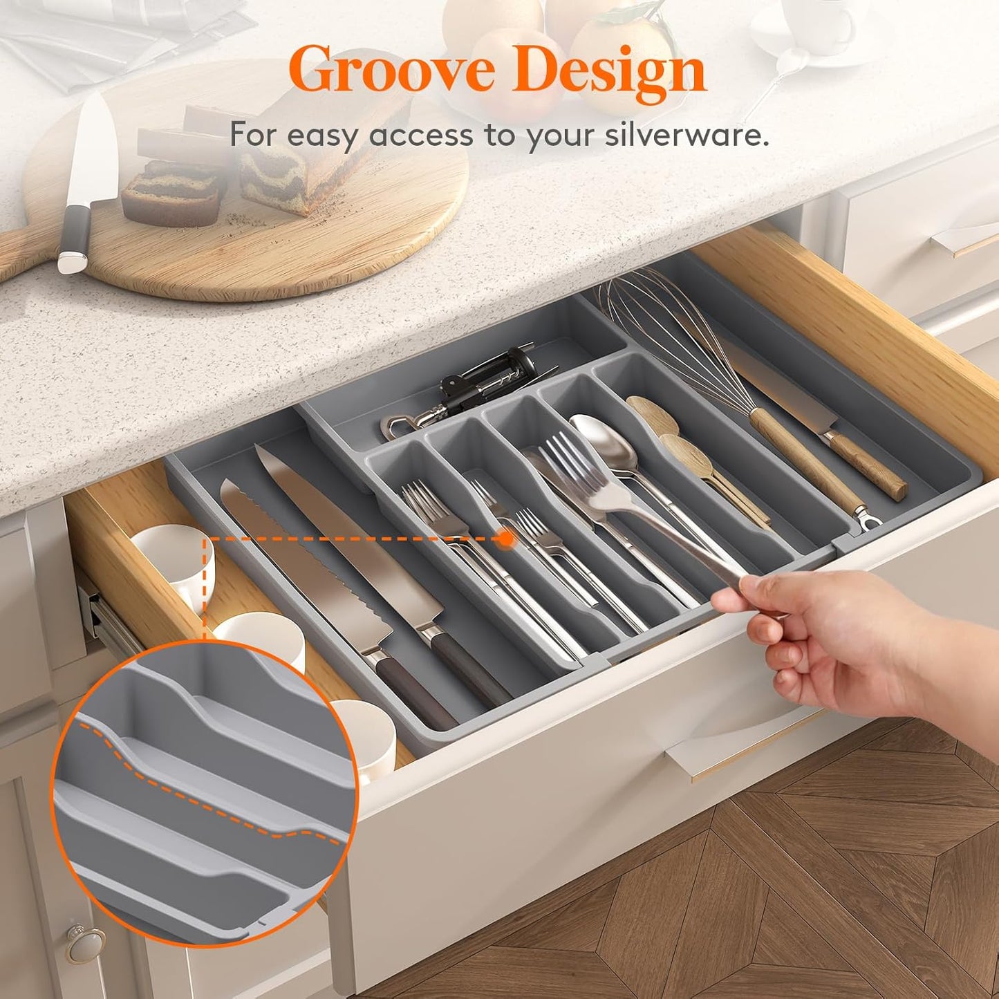 Lifewit Expandable Silverware Organizer - BPA-Free Utensil Tray for Kitchen | Adjustable Cutlery Holder, Gray (33-57 x 42cm)