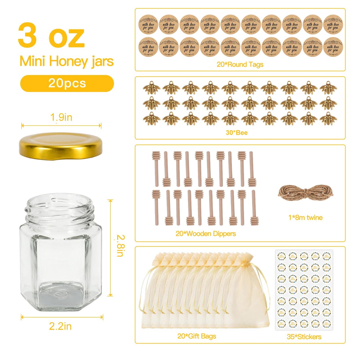 SZUAH 20 Pack 3 oz Mini Honey Jars with Dipper, Glass Hexagon Honey Jar for Wedding Favors, Empty Glass Jars for Party Favor