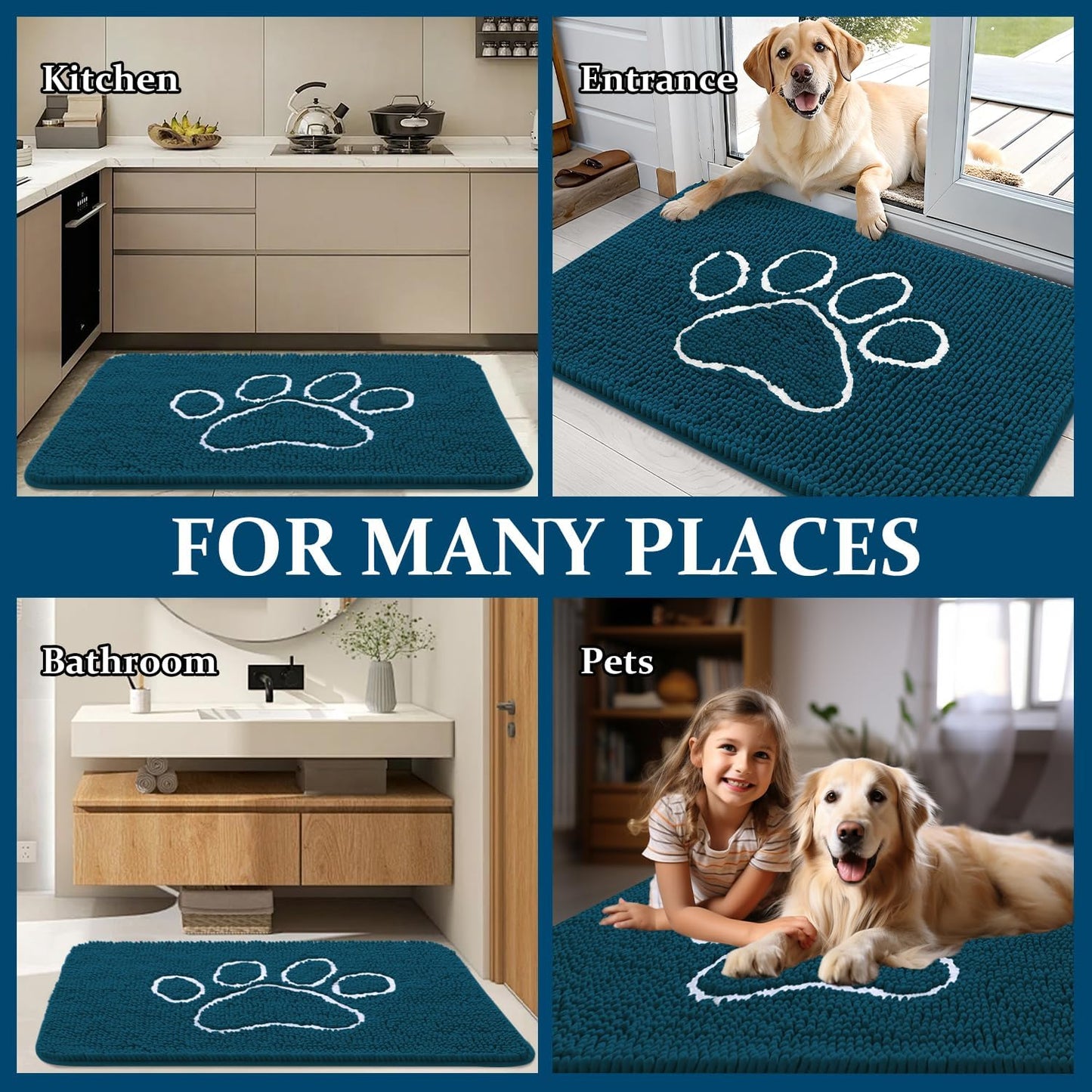 OLANLY Dog Door Mat - Absorbent Non-Slip Muddy Paws Mat | Quick Dry Chenille, 70x24, Atlantic Blue