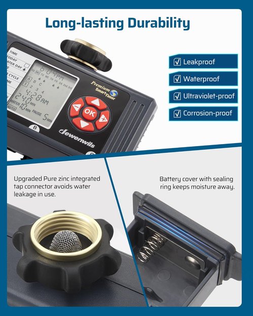 DEWENWILS 3-Zone Sprinkler Timer - Programmable Garden Irrigation System with Rain Delay & Low Battery Alert