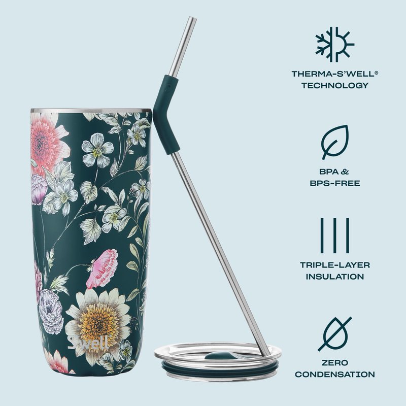 S'well Stainless Steel Tumbler with Straw and Slide-Open Lid, 24oz, Midnight Botanical Triple Layered Vacuum Insulated Containers Keeps Drinks Cold for 18 Hours and Hot for 5, BPA Free