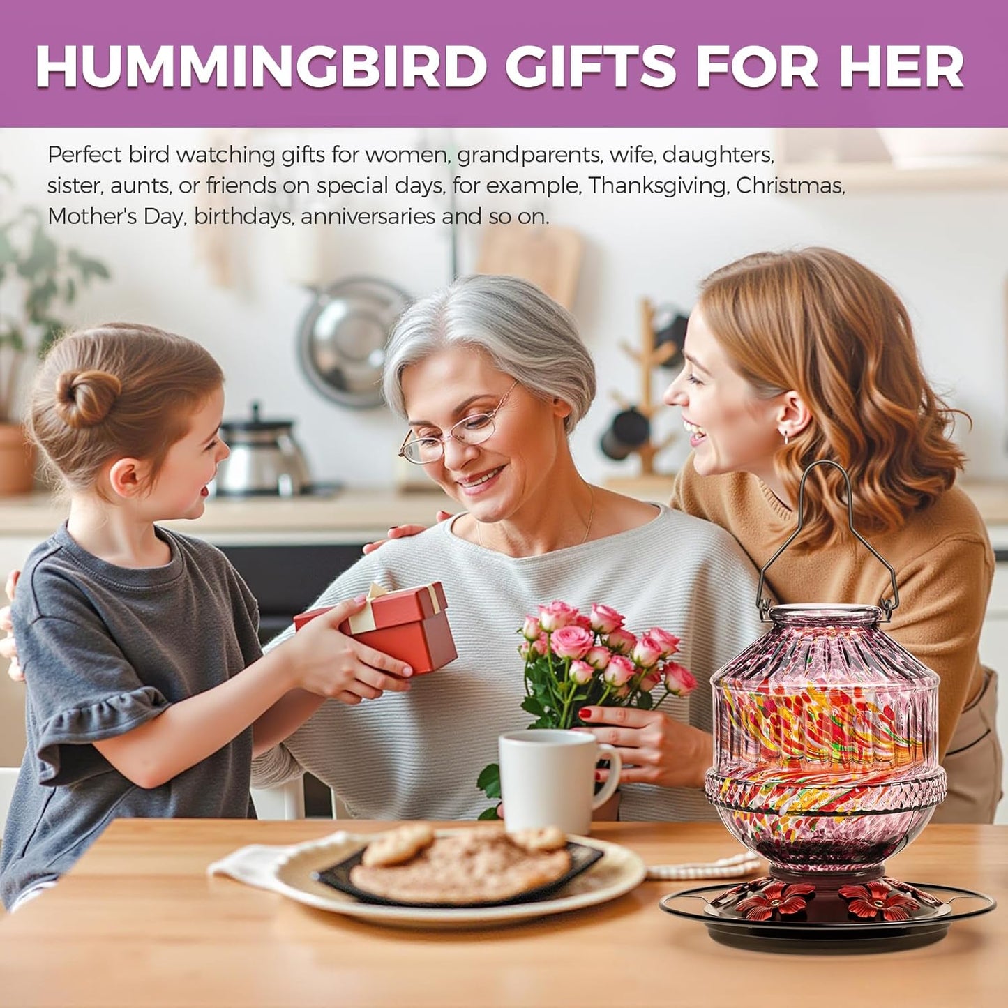 Skiennix Hand Blown Glass Hummingbird Feeder - 25 Ounce Leak-Proof Design with 5 Flower Ports | Purple Garden Decor