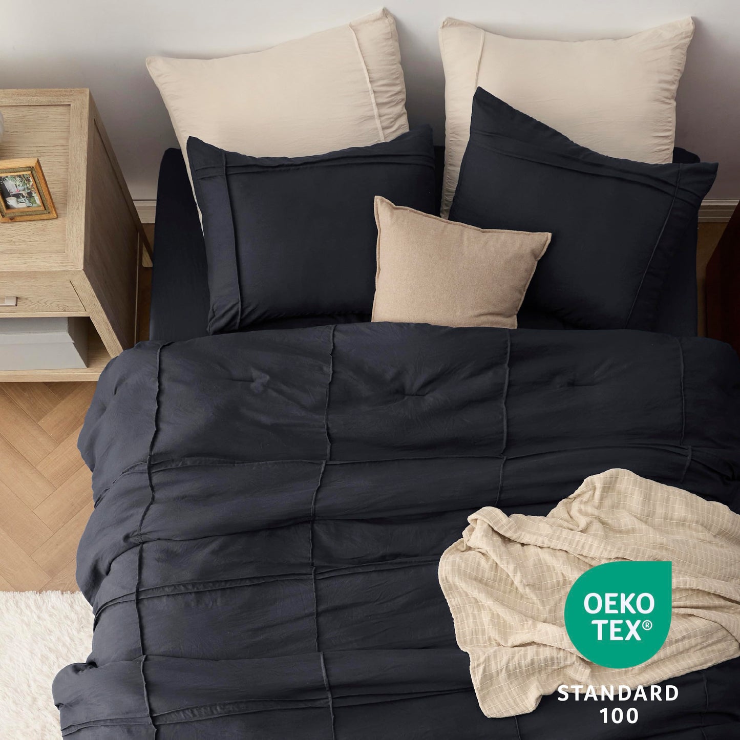 Bedsure California King Comforter Set with Sheet - 4 Pieces Soft Black Bedding, Grid Pinch Pleat, All Season Lightweight Fluffy Bed Set with Solid Boho Comforter, Pillowcases & Sheet